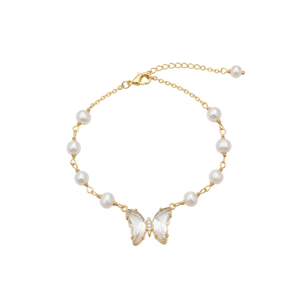 Pearl & Butterfly Crystal Gold Bracelet