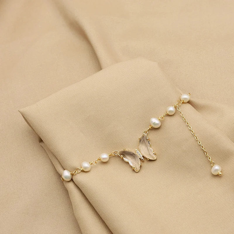 Pearl & Butterfly Crystal Gold Bracelet
