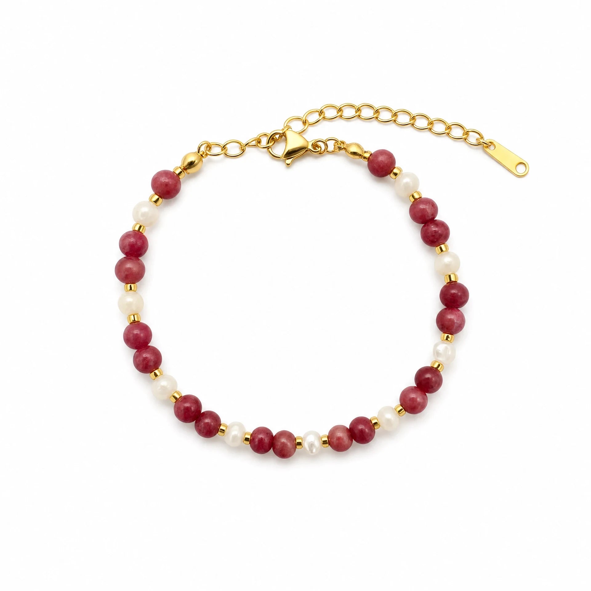Rhodonite and mother-of-pearl beaded bracelet with gold-tone spacers and adjustable chain on a white background