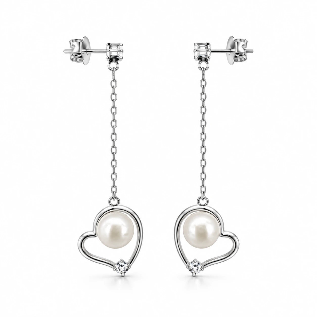 Silver heart pearl drop earrings with delicate chains and clear stone accents