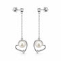 Silver heart pearl drop earrings with delicate chains and clear stone accents