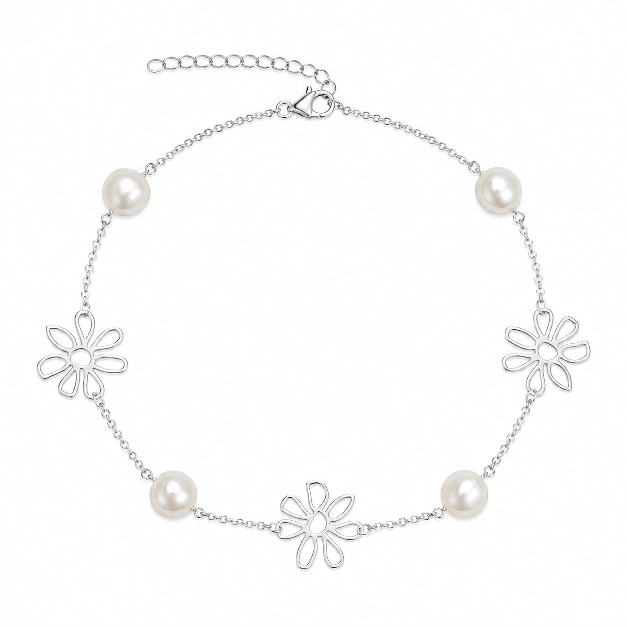 Silver-tone daisy necklace with openwork flowers and luminous white pearls