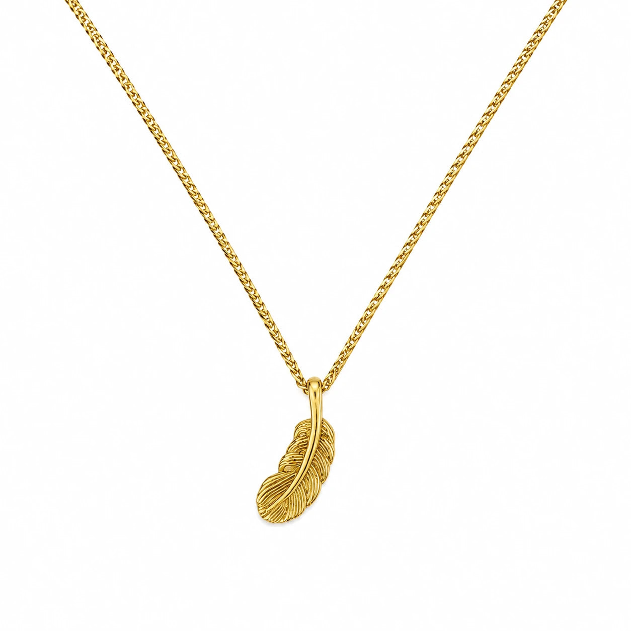 Gold-tone sterling silver feather pendant necklace on a textured chain