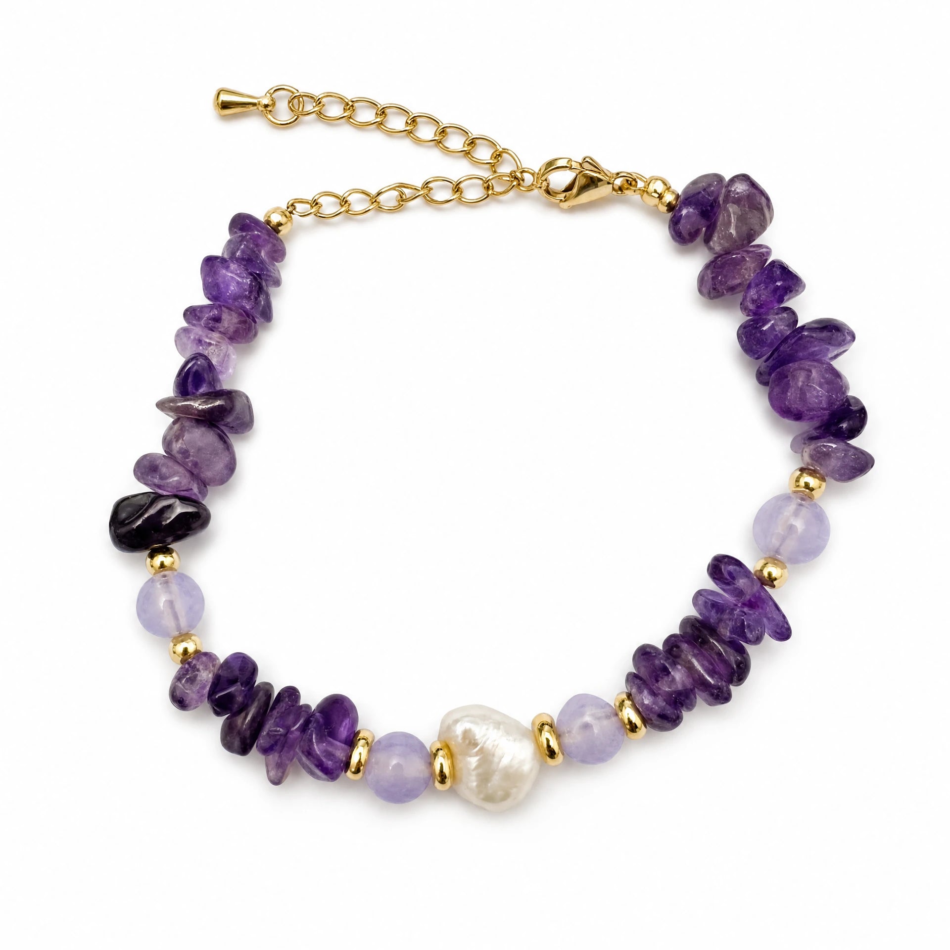 Amethyst chip and baroque freshwater pearl bracelet on a white background