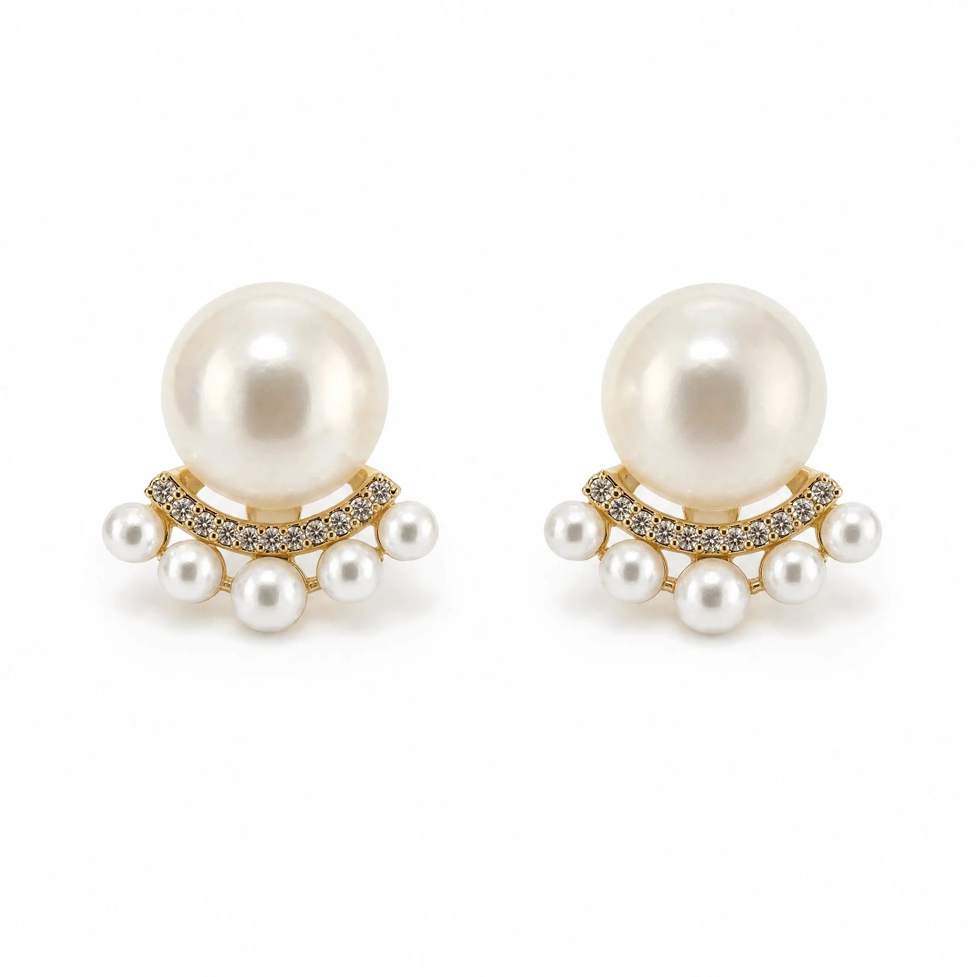 Freshwater pearl stud earrings with crystal arc and smaller pearl accents