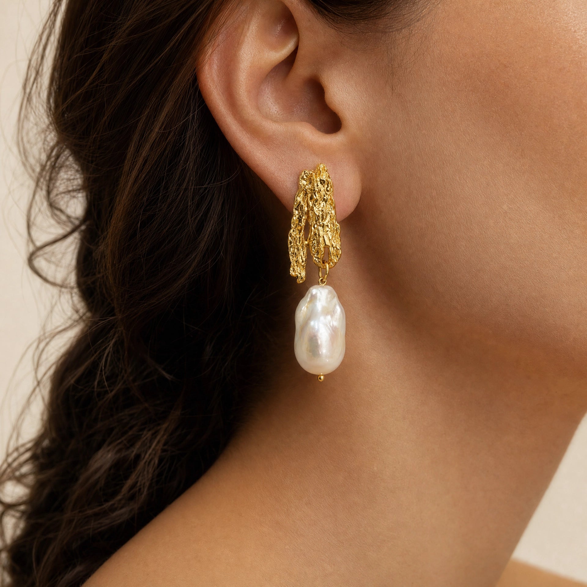 Baroque Pearl Textured Gold Drop Earrings - Model Wearing