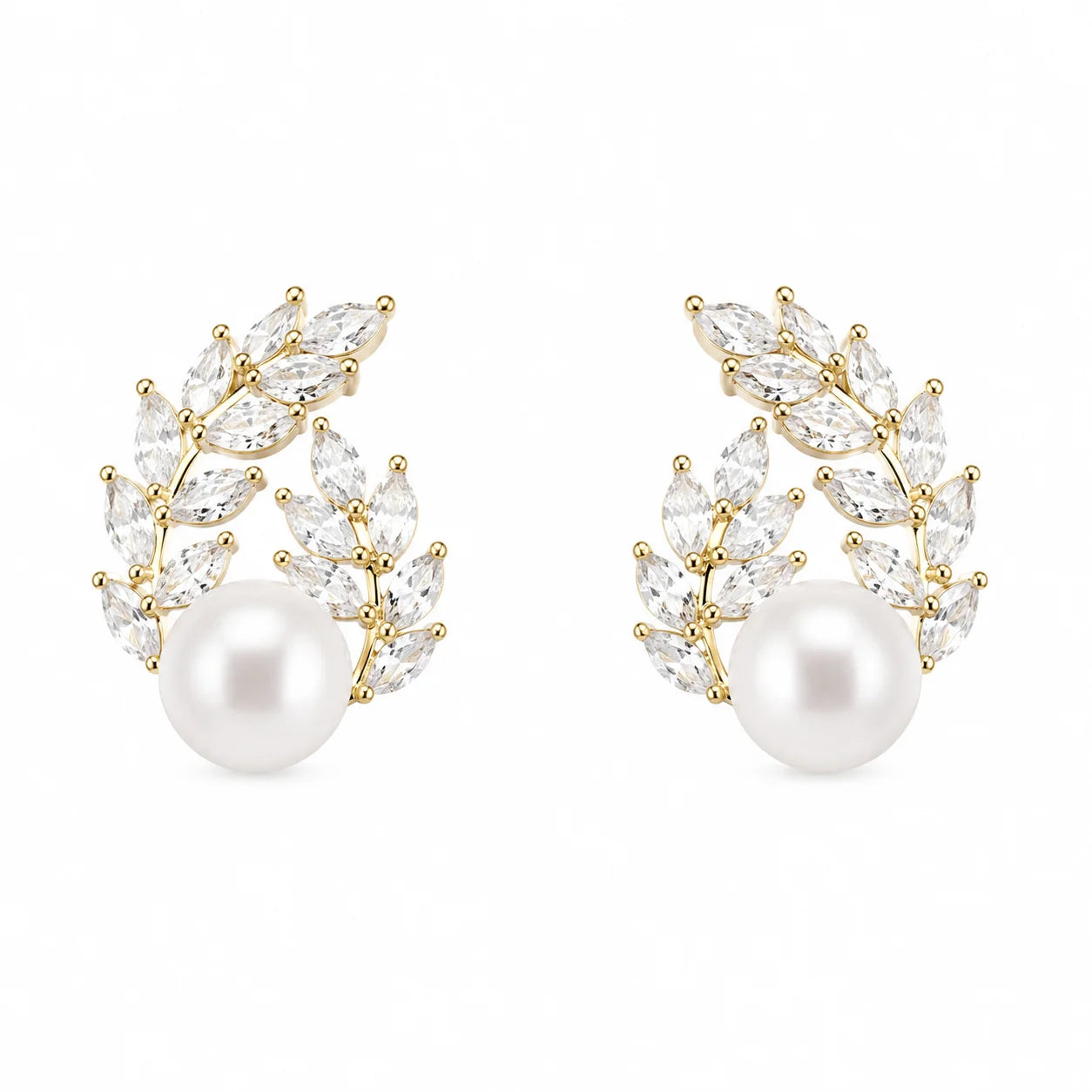 Gold-tone freshwater pearl laurel stud earrings with marquise-cut zircon leaves
