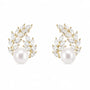 Gold-tone freshwater pearl laurel stud earrings with marquise-cut zircon leaves