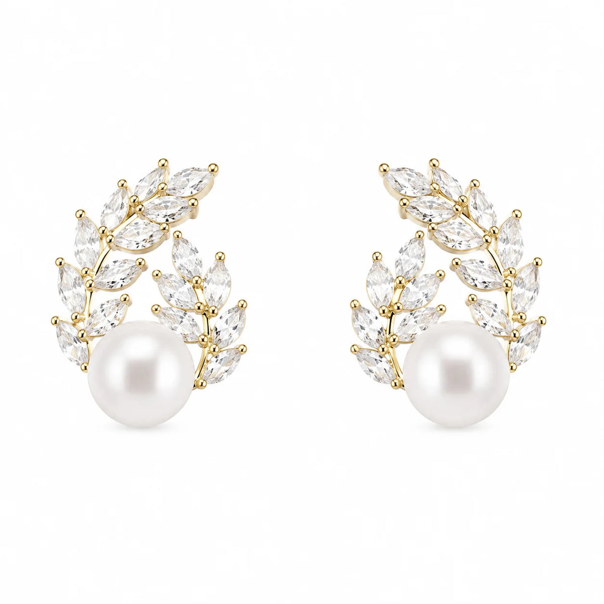 Gold-tone freshwater pearl laurel stud earrings with marquise-cut zircon leaves