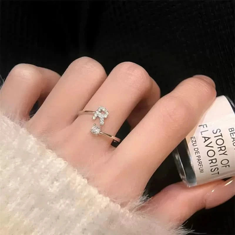 Diamond Initial Letter Silver Ring