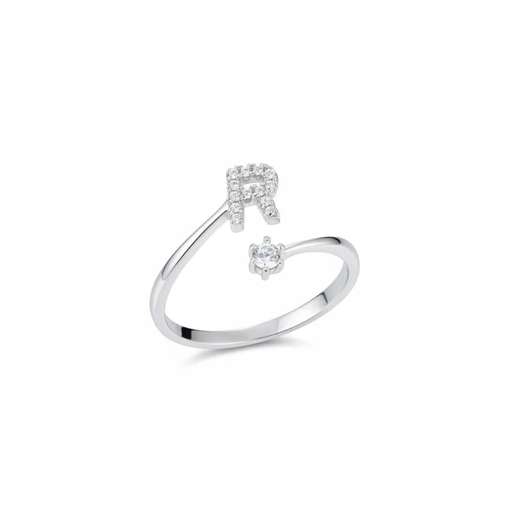 Diamond Initial Letter Silver Ring