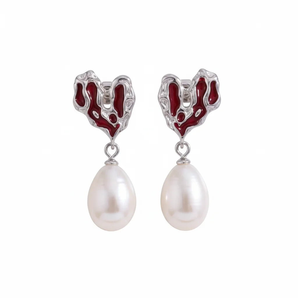Red and Black Heart Drip Glaze Large Pearl Earrings