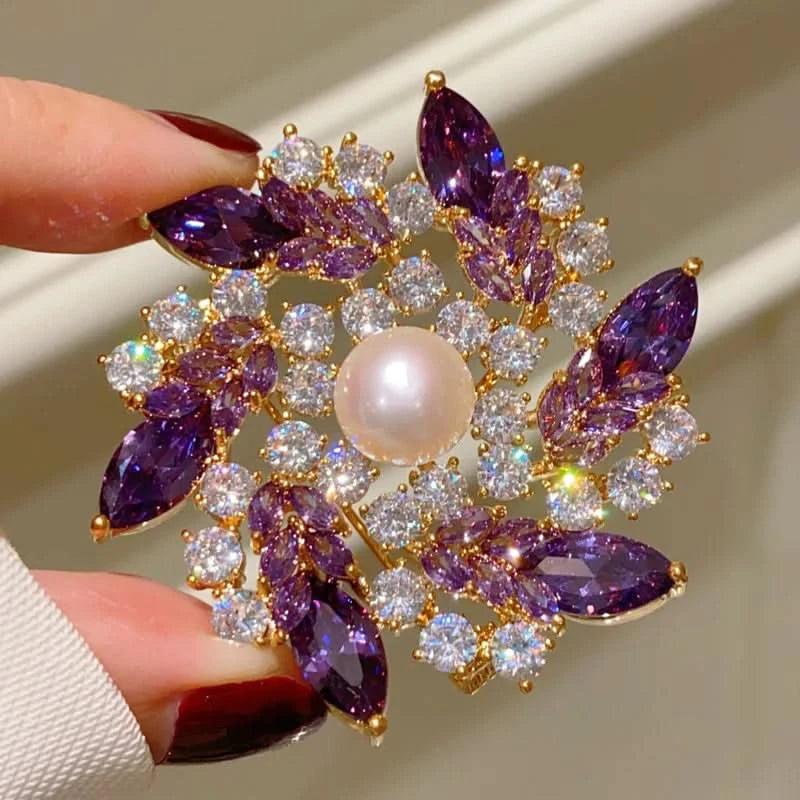 Royal Amethyst & Freshwater Pearl Floral Brooch