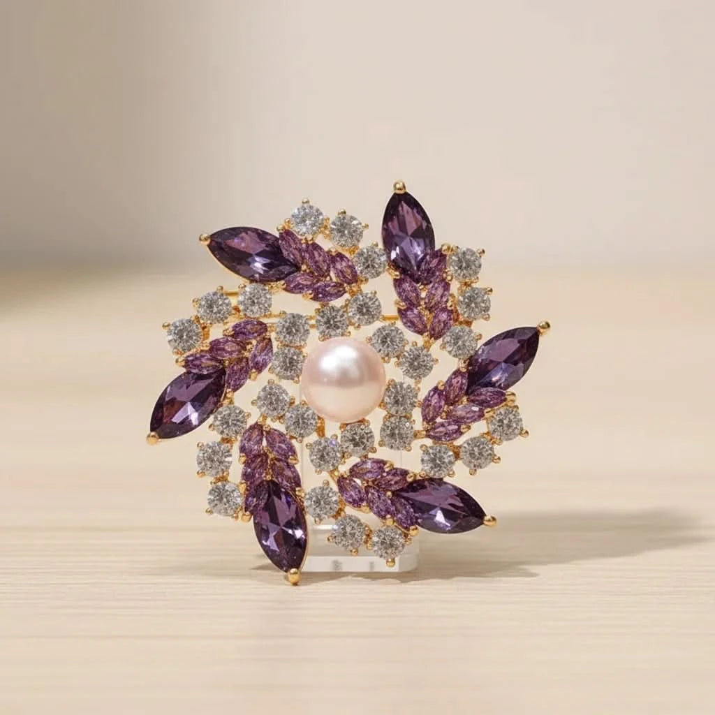 Royal Amethyst & Freshwater Pearl Floral Brooch