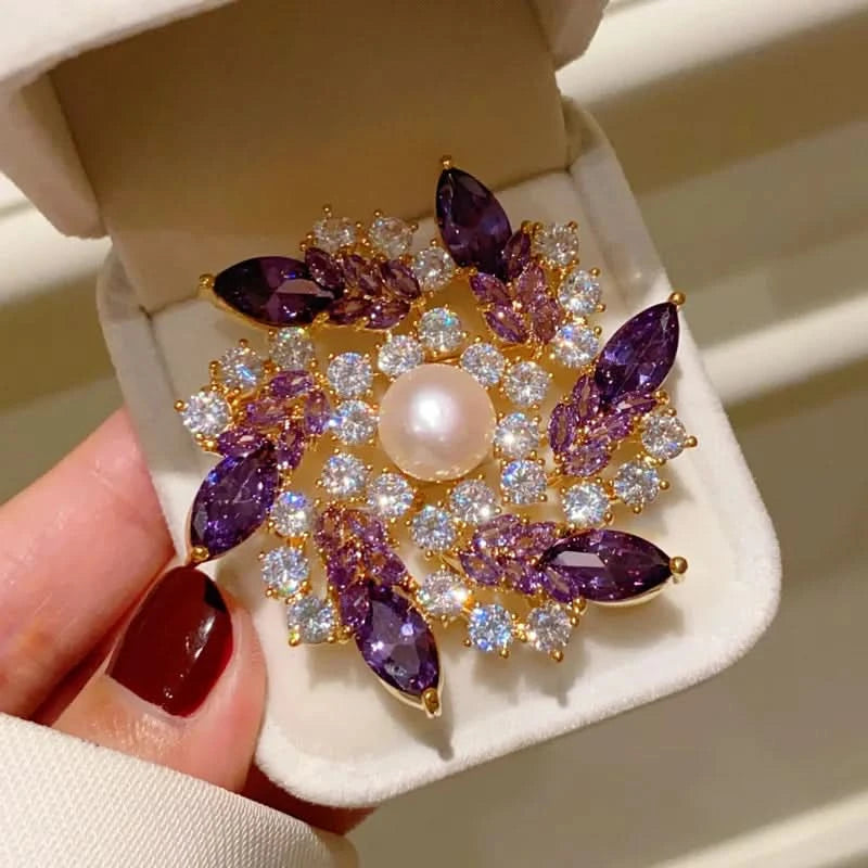 Royal Amethyst & Freshwater Pearl Floral Brooch