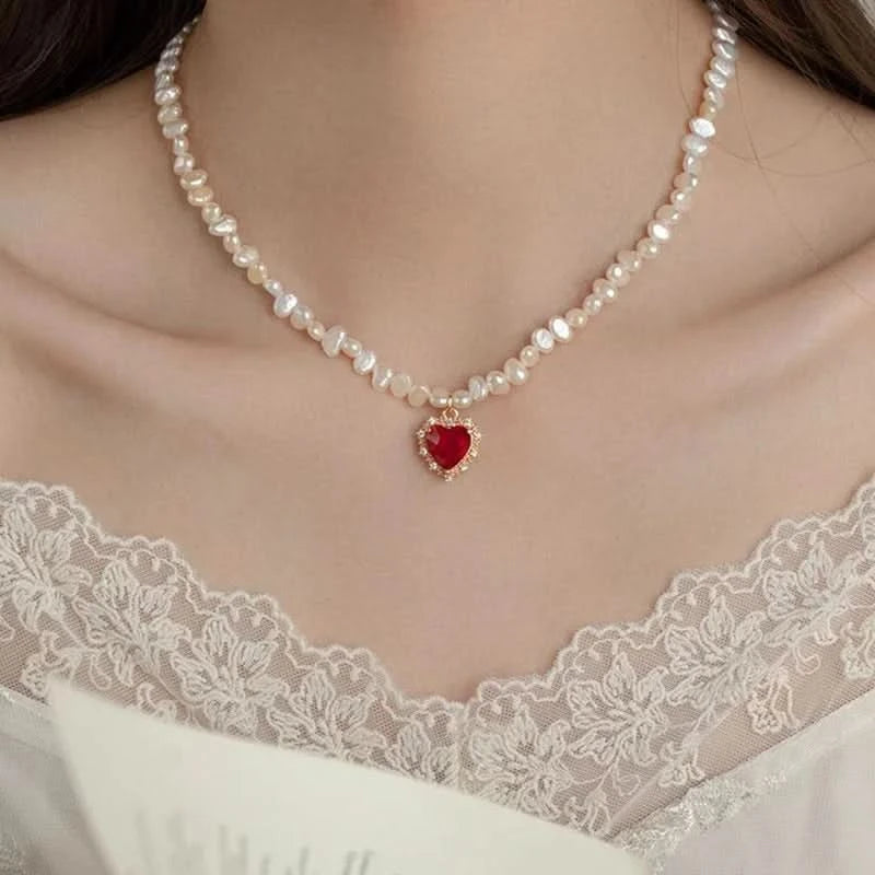 Ruby Heart Baroque Pearl Necklace