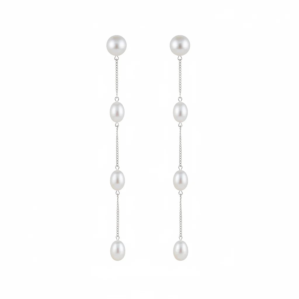 Silver Chain Tassel Pearl Earrings