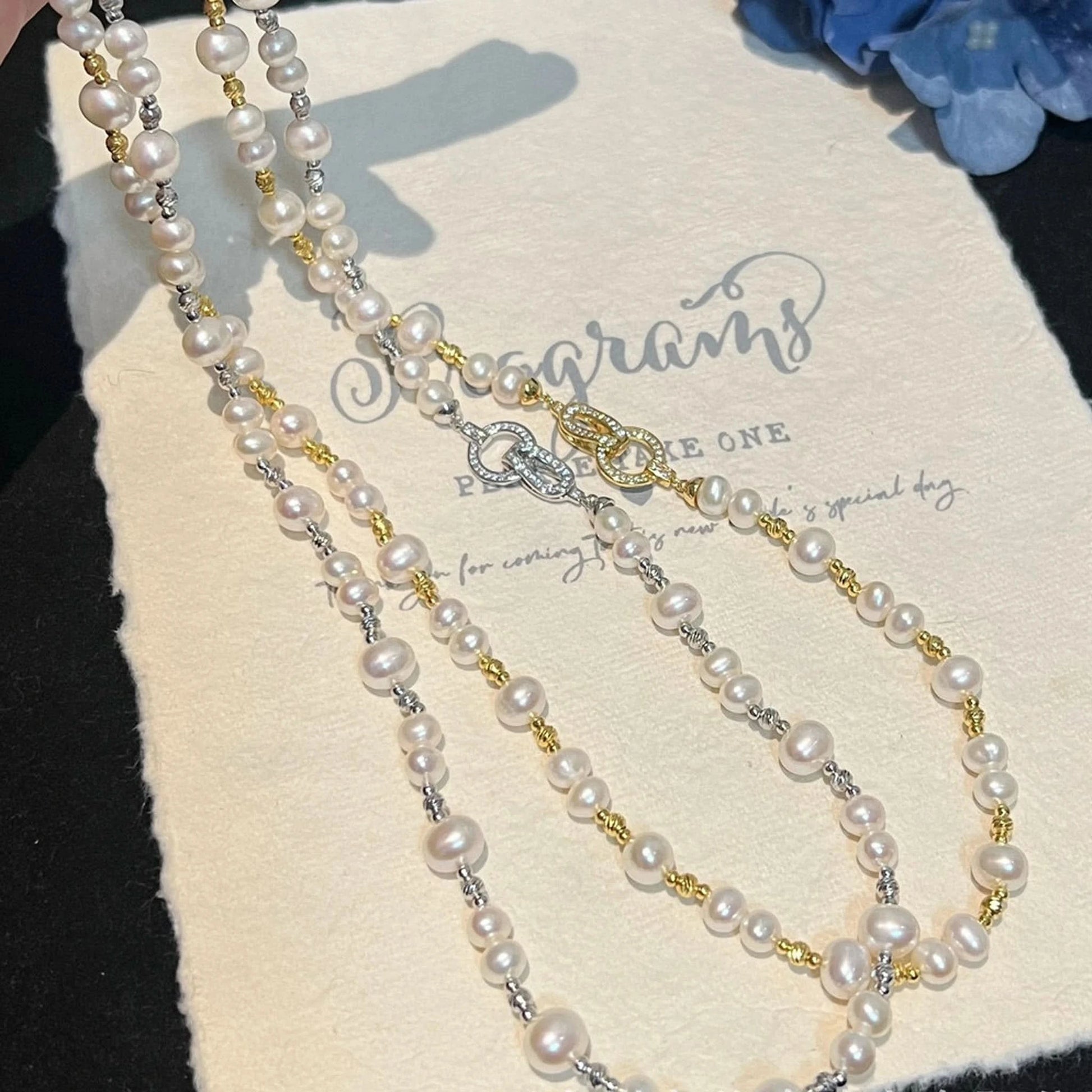 Silver & Gold Long Pearl Chain Necklace ✨