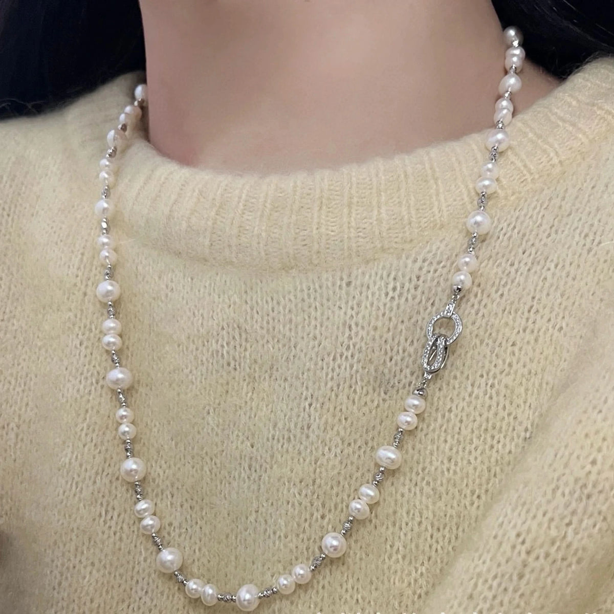 Silver & Long Pearl Chain Necklace