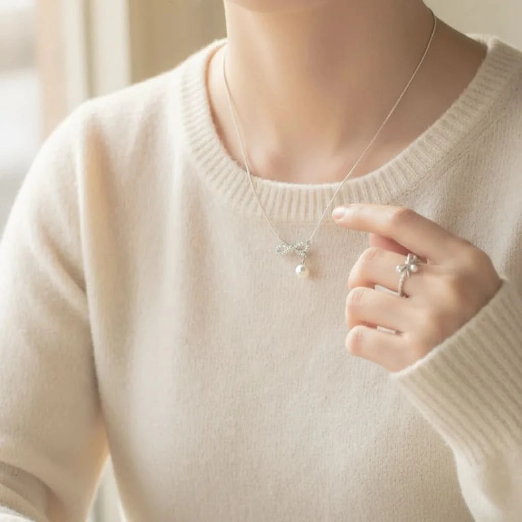 Silver Bow Pearl Necklace & Ring Set
