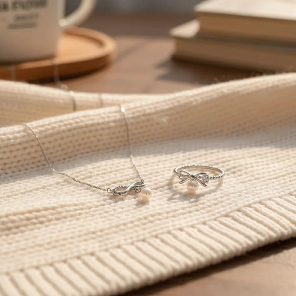 Silver Bow Pearl Necklace & Ring Set Sale