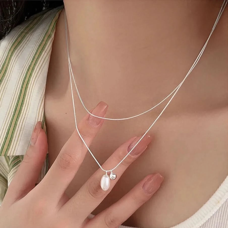 Silver Layered Baroque Pearl Drop Necklace