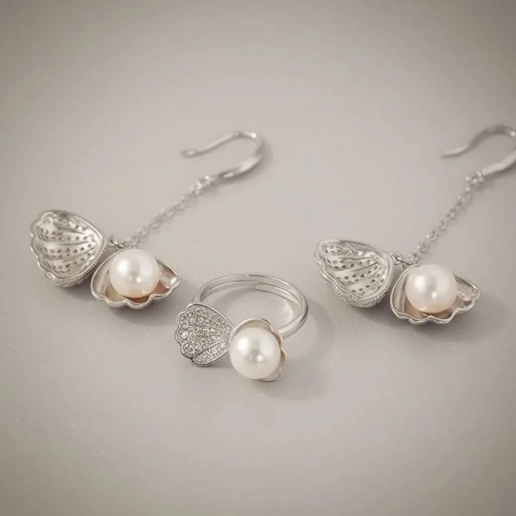 Silver Shell Pearl Earrings & Ring Bundle Set