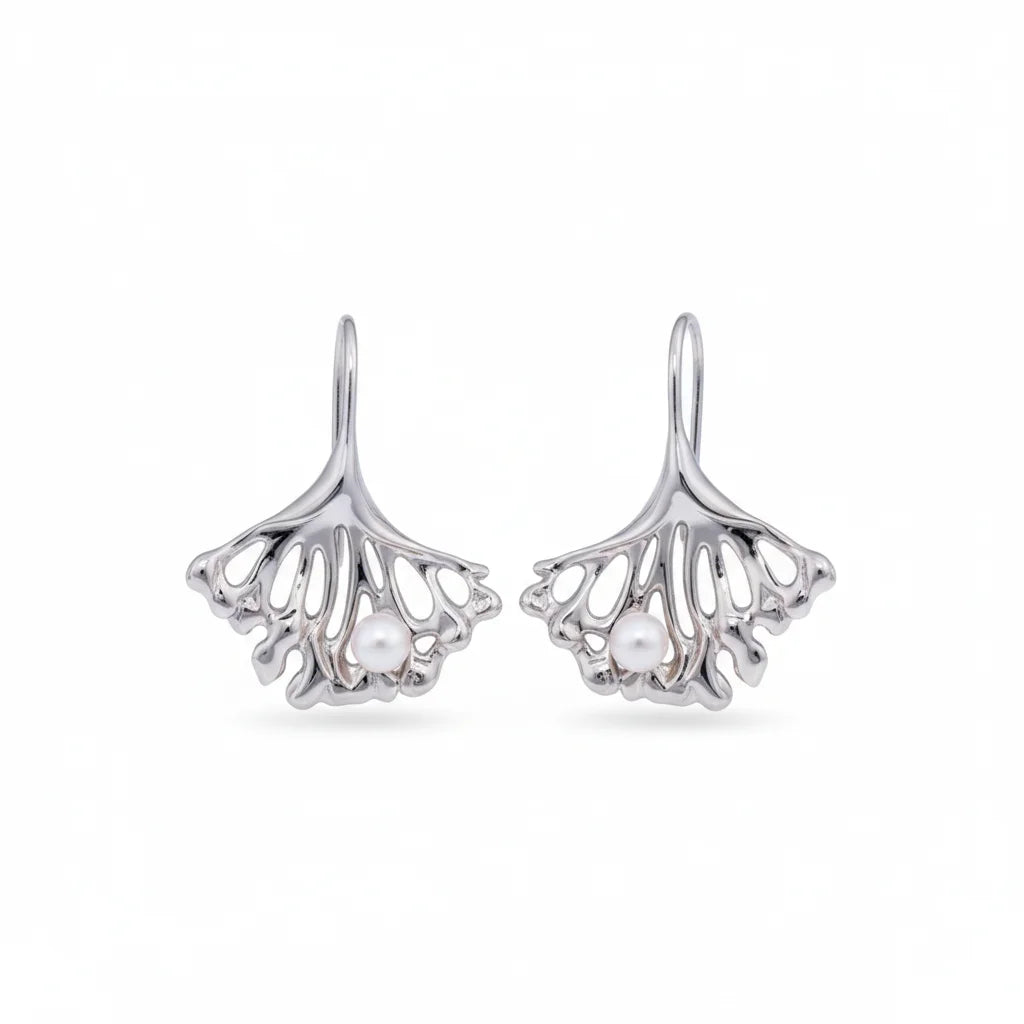 Silver and Gold Ginkgo Leaf Pearl Earrings