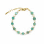 Amazonite flower and freshwater pearl bracelet with gold-tone spacers on a white background