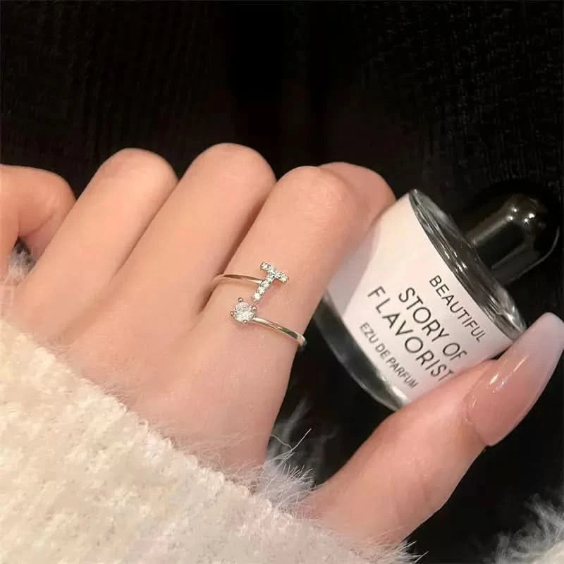 Diamond Initial Letter Silver Ring