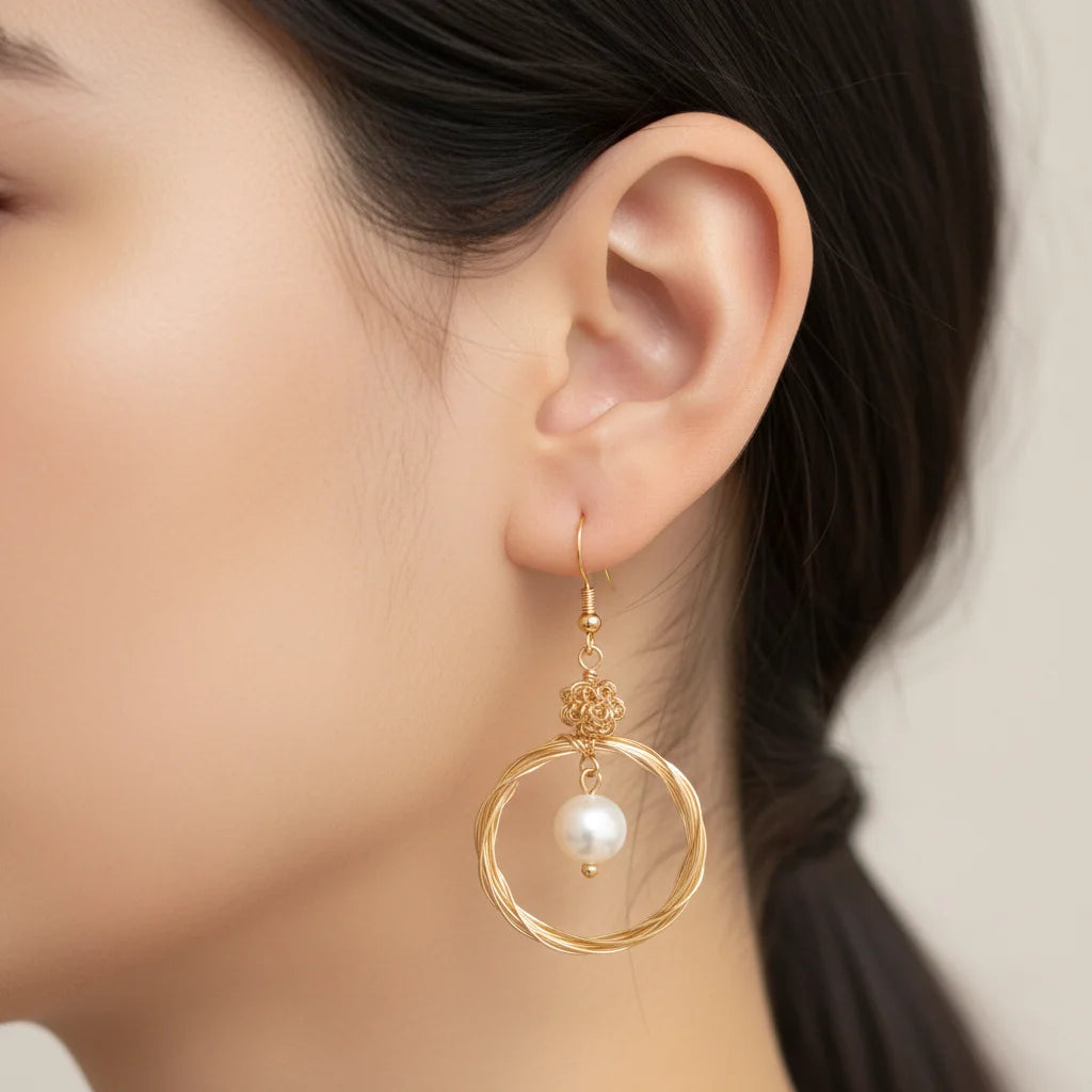 Gold Ring Pearl Drop Earrings