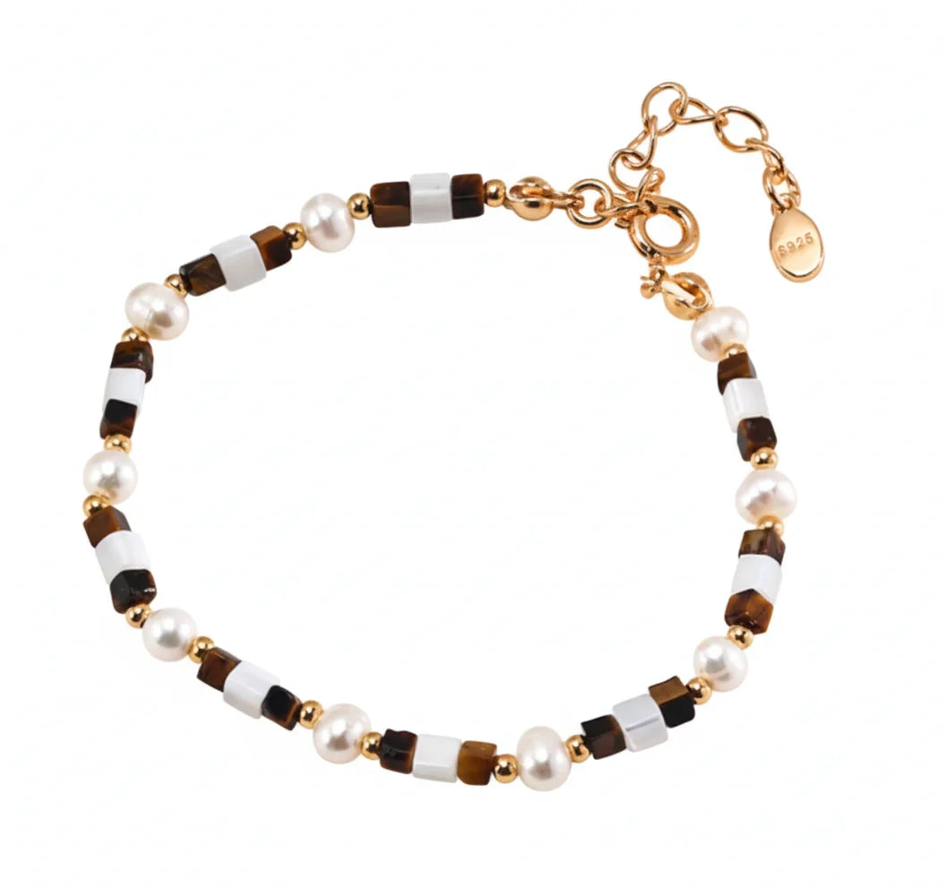 Tiger eye gemstone pearl beaded bracelet