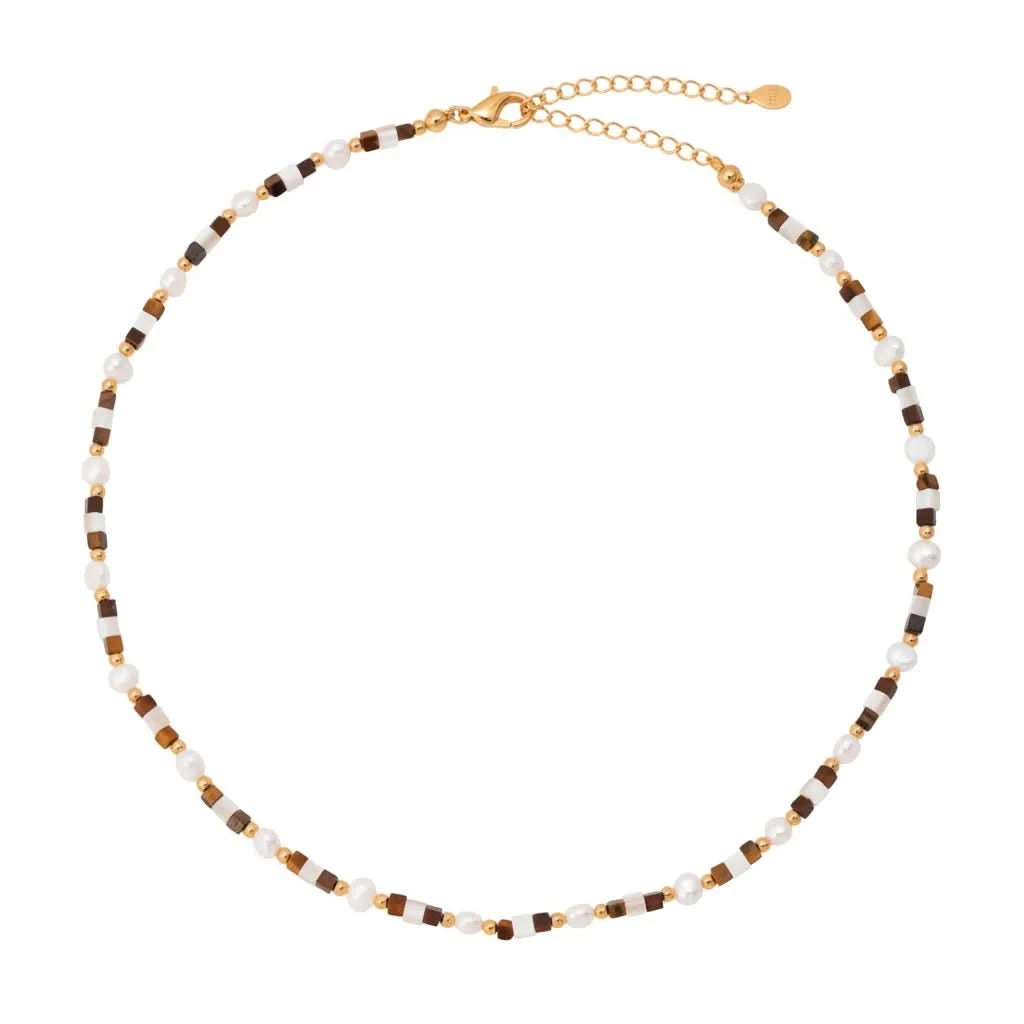Tiger eye gemstone pearl beaded necklace