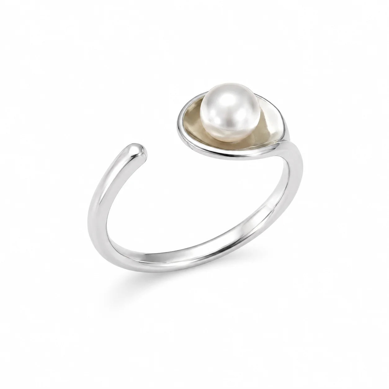S925 sterling silver open ring with freshwater pearl in a curved leaf-shaped setting