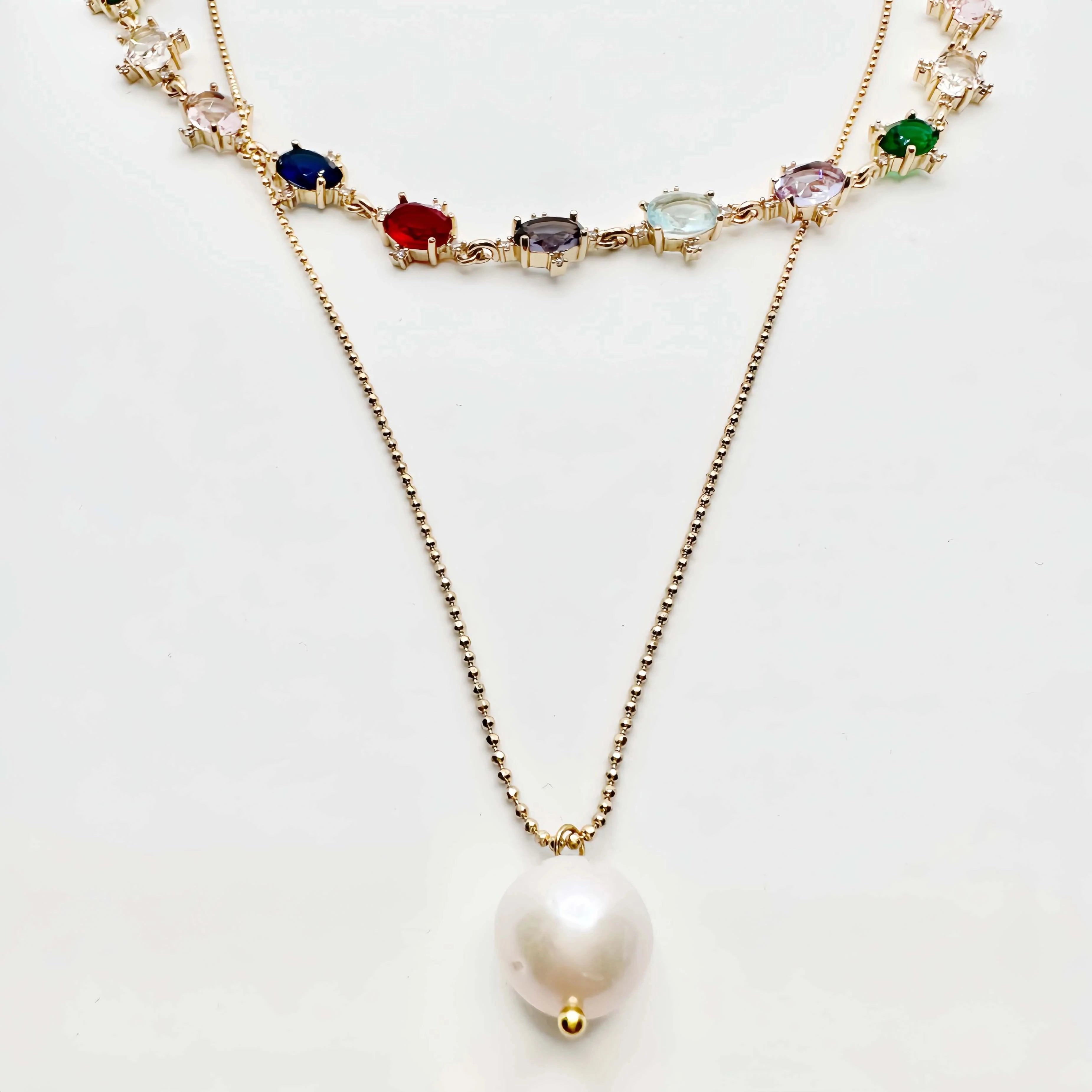 Two-layer Rainbow Crystal Choker Pearl Necklace