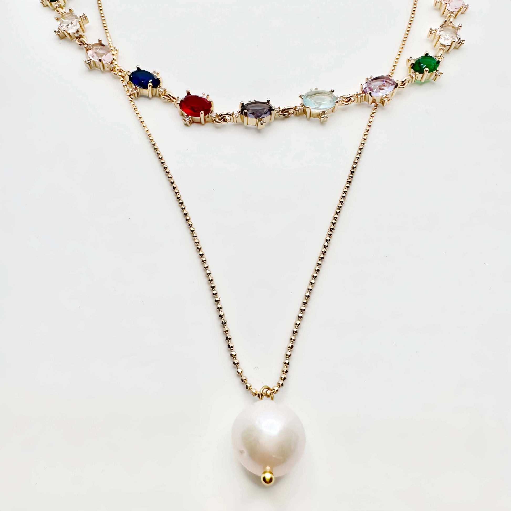 Two-layer Rainbow Crystal Choker Pearl Necklace