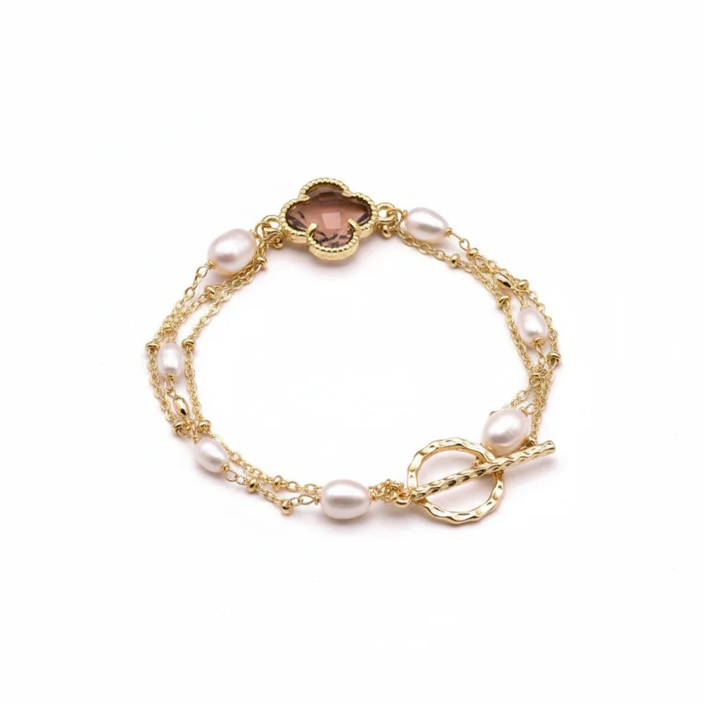 Two Layers Pearl and Crystal Gold Bracelet