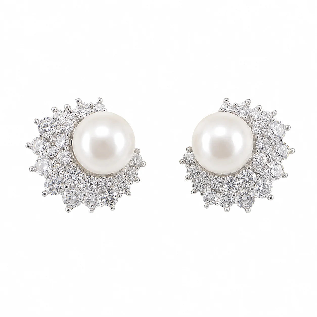 Silver-tone freshwater pearl earrings with round and marquise crystal clusters
