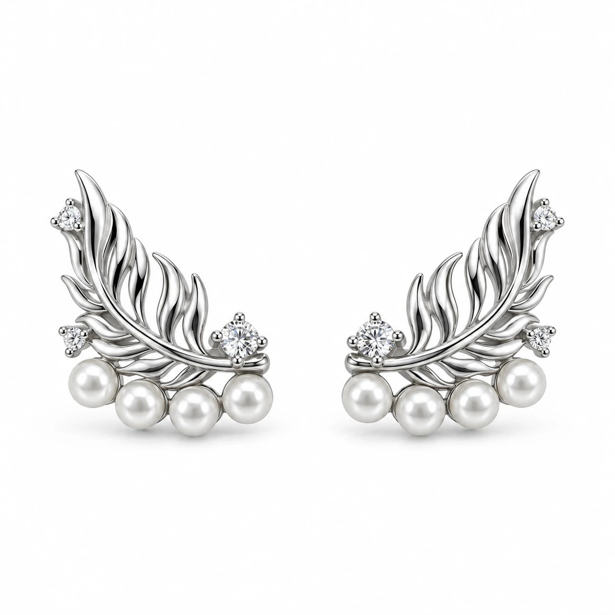 Sterling silver feather ear climber earrings with pearls and clear stone accents