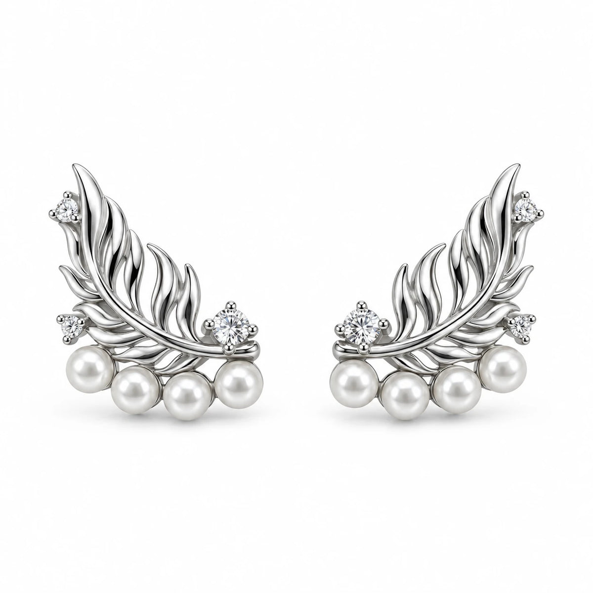 Sterling silver feather ear climber earrings with pearls and clear stone accents