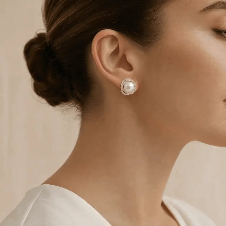 Model wearing silver-tone freshwater pearl crystal double halo stud earrings