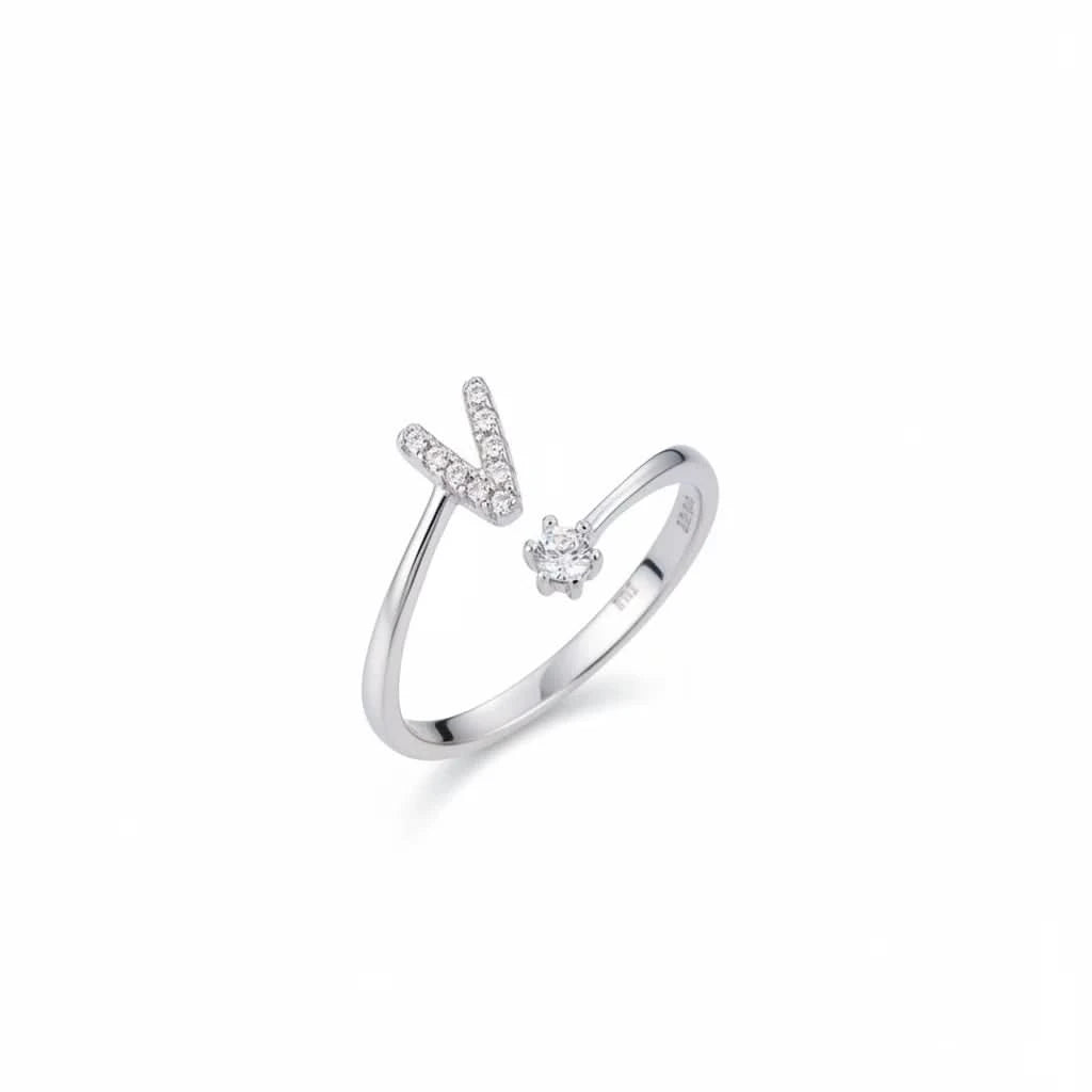 Diamond Initial Letter Silver Ring