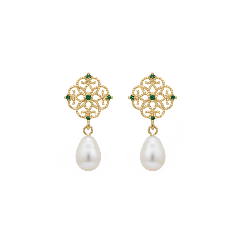 Vintage-Inspired Green Gem Baroque Pearl Drop Earrings