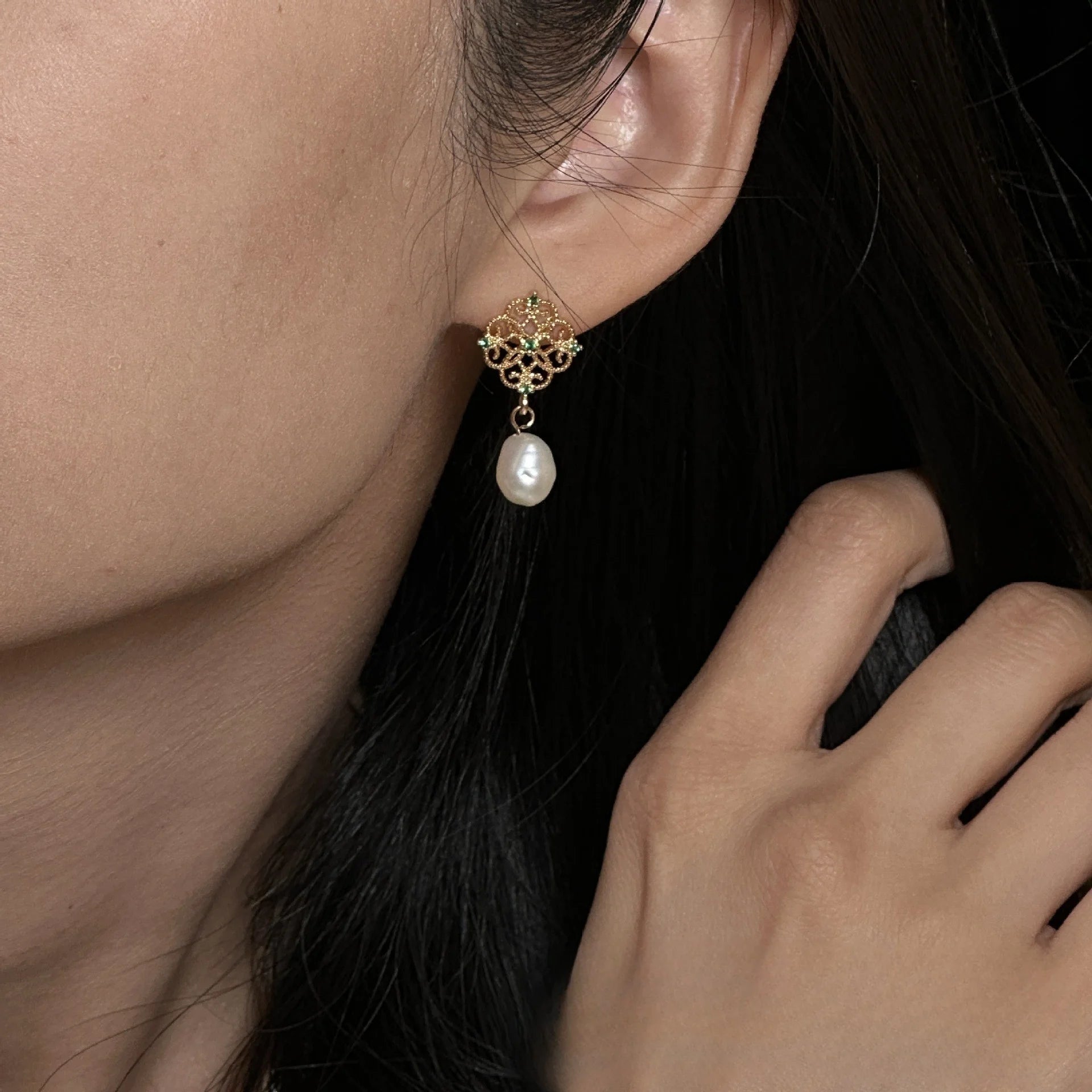 Vintage-Inspired Green Gem Baroque Pearl Drop Earrings