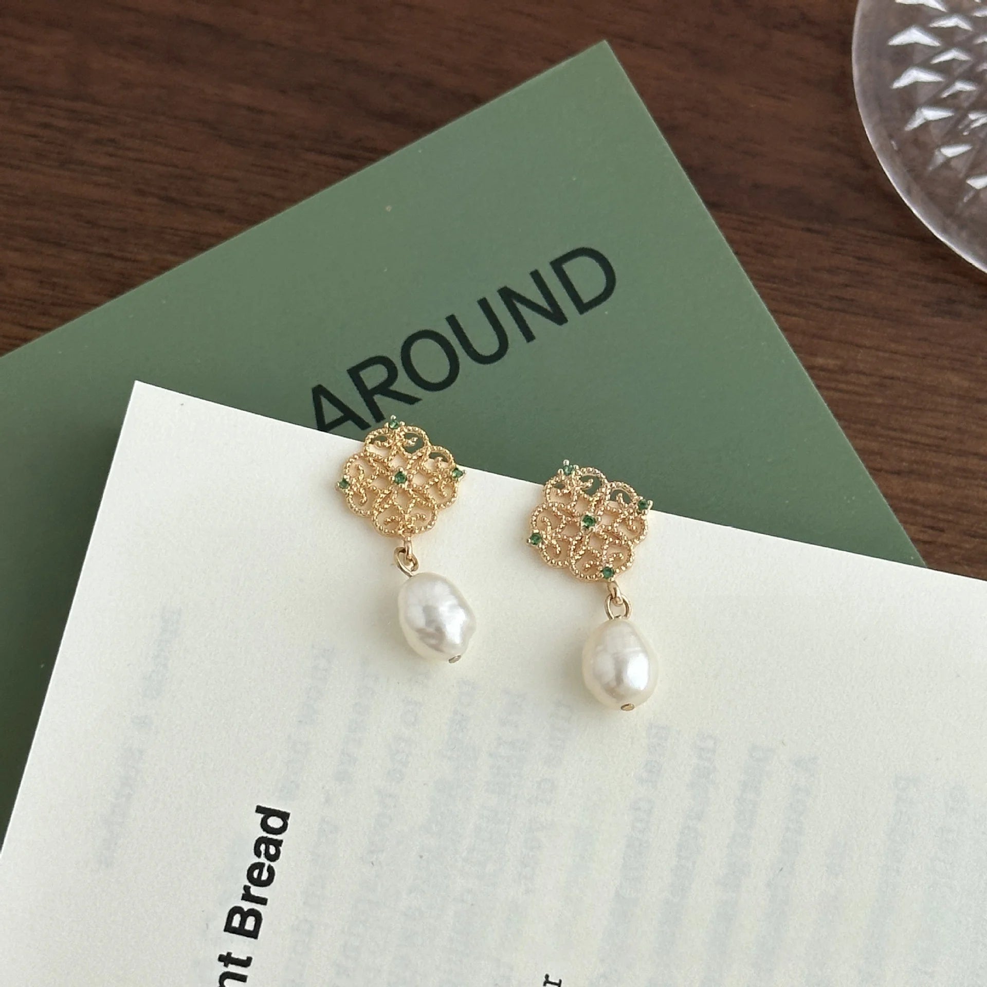 Vintage-Inspired Green Gem Baroque Pearl Drop Earrings