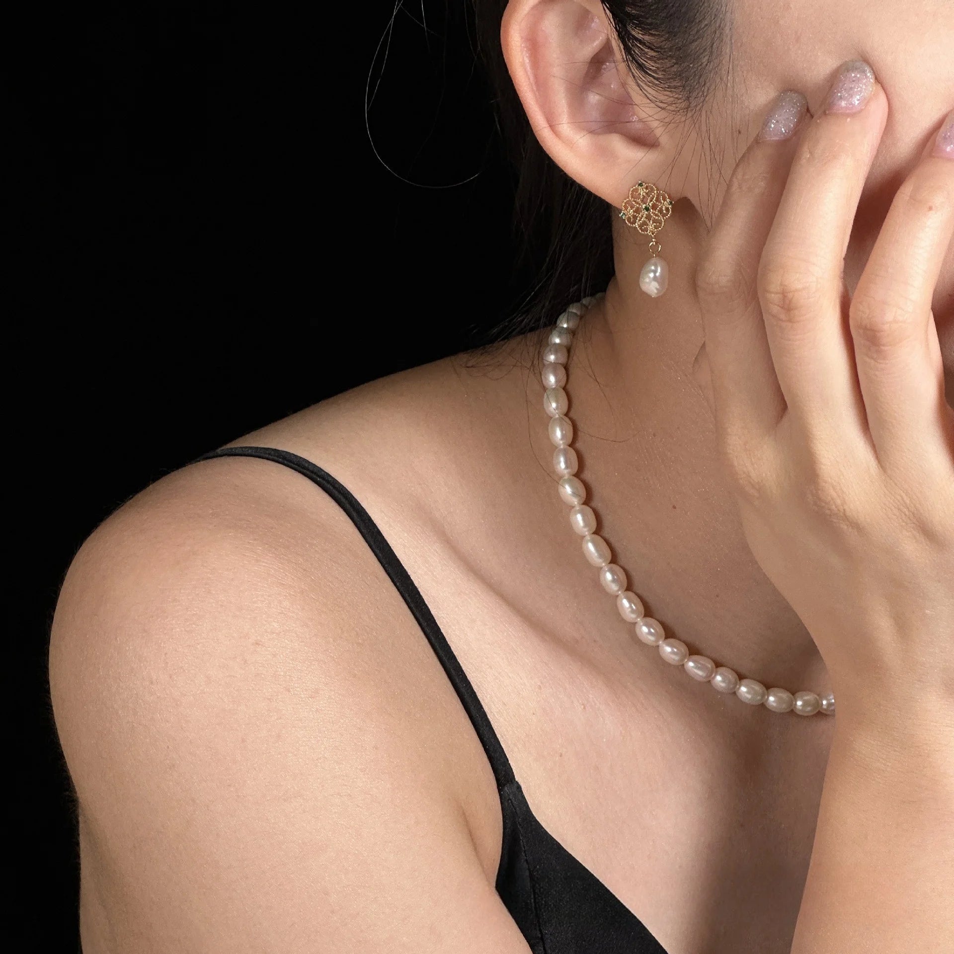 Vintage-Inspired Green Gem Baroque Pearl Drop Earrings