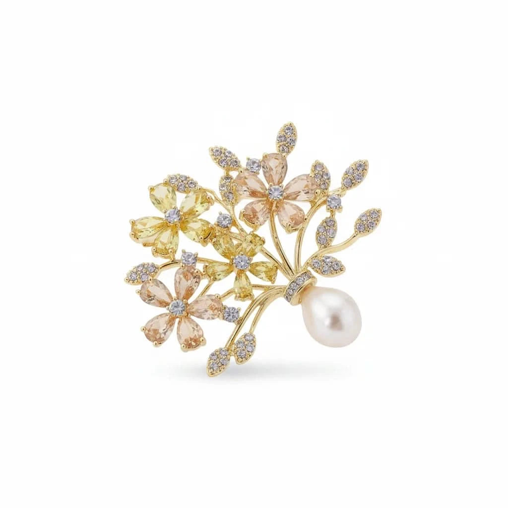 Vintage Floral Zircon Pearl Brooch