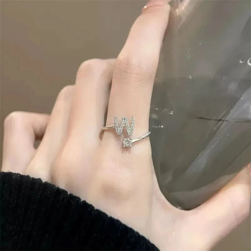 Diamond Initial Letter Silver Ring