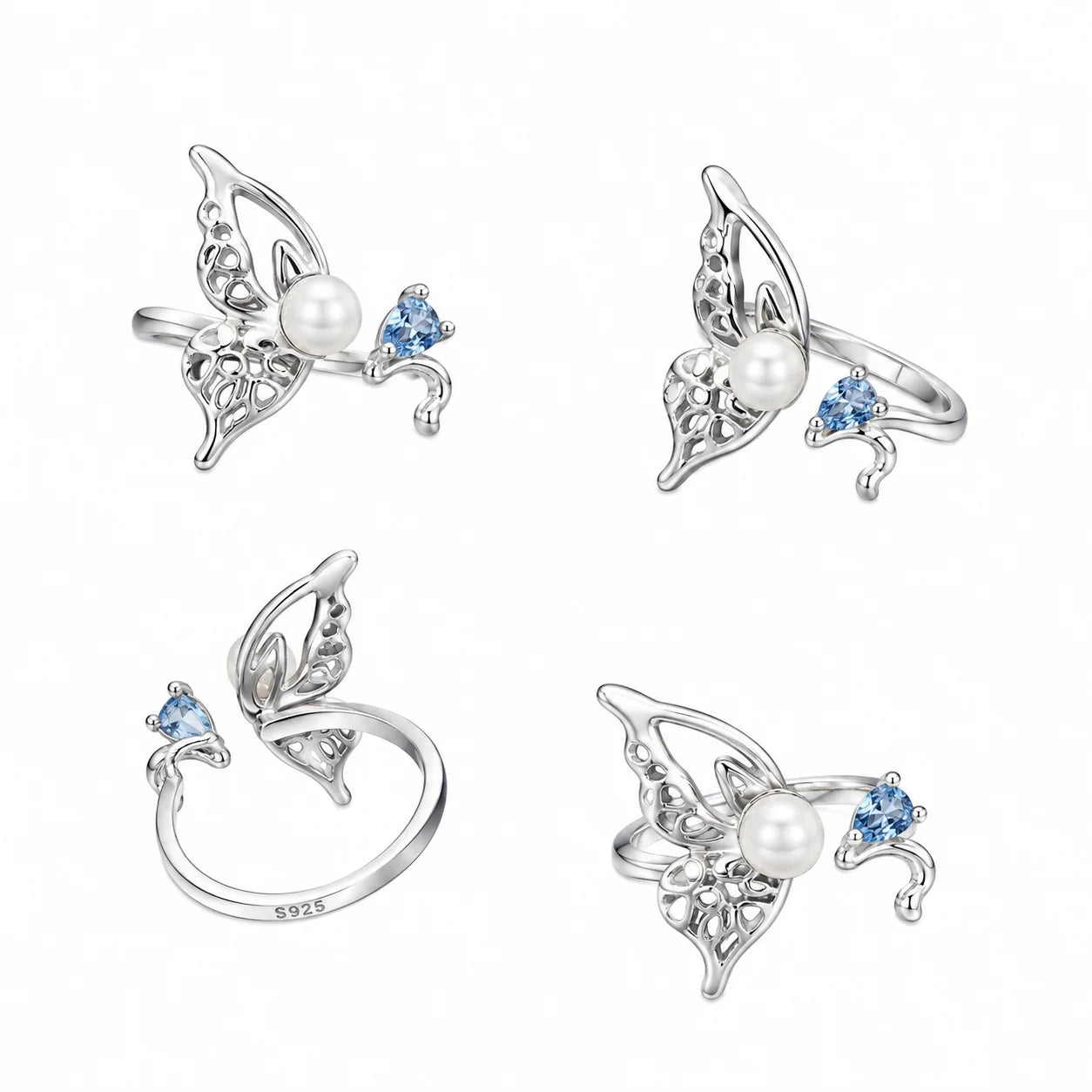 Sterling silver butterfly open ring showing freshwater pearl and light blue stone details