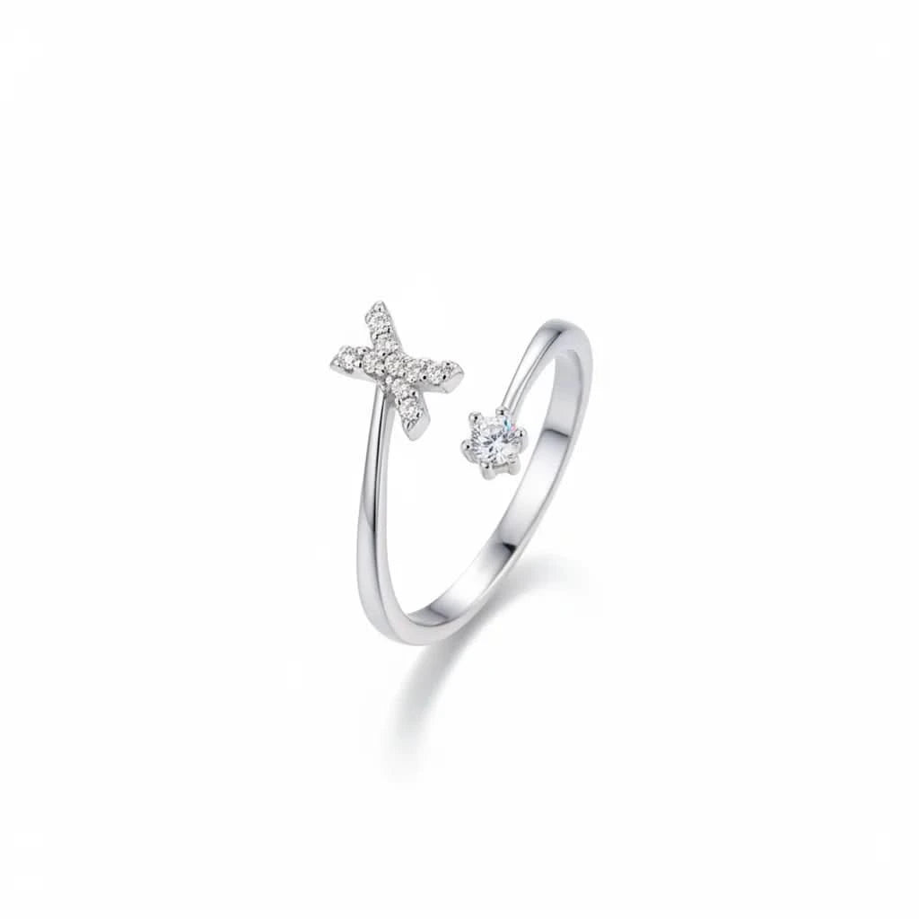 Diamond Initial Letter Silver Ring